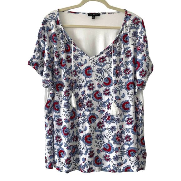 Lane Bryant Blue Red White Floral Boho Short sleeve Blouse Size 18 - Picture 1 of 6